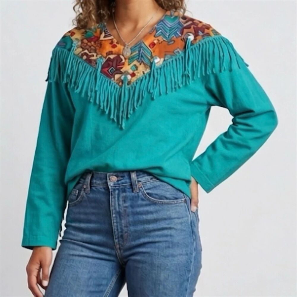 OZARK MOUNTAIN Western Shirt Womens L Aztec Cotton Rodeo Western Fringe Vintage